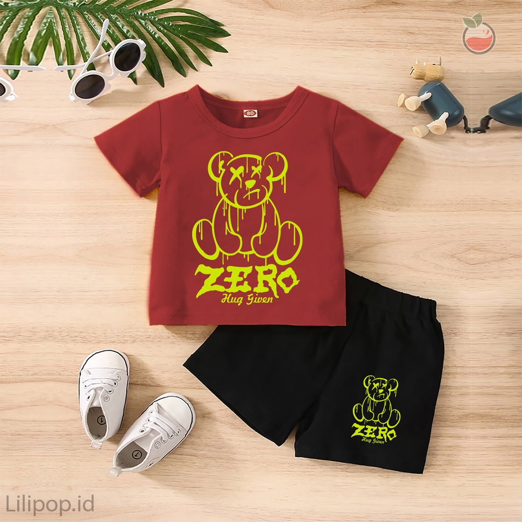 Baju Anak Stelan Kaos 3/4  ZERO Cowok Cewek  Usia 1 - 4 Tahun Celana Pendek Harian