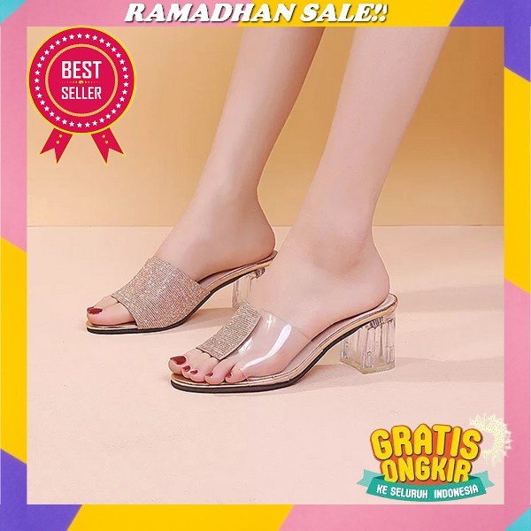 Sepatu Hak 3Cm Bustong Slingback Krem & Black Ujung Lancip Big Jumbo 41.42.43.44.45 Heels Wanita Kon