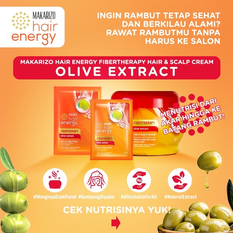 MAKARIZO Hair Energy Fibertherapy Hair &amp; Scalp Creambath 15ml Indonesia / Aloe &amp; Melon Kiwi Royal Jelly Olive Ginseng Extract / Perawatan Treatment Rambut Shampoo Conditioning Conditioner Kondisioner Pelurus / Masker Vitamin / Skincare Care Paket Series