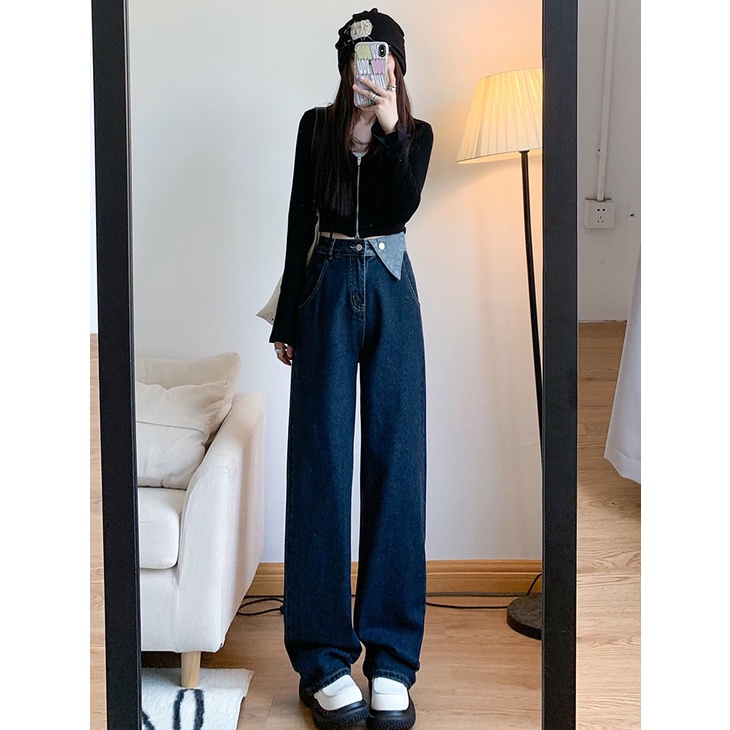 Celana Jeans Panjang Wanita Retro Desain Tombol Loose Wide Leg High Waist Jeans Korean Style