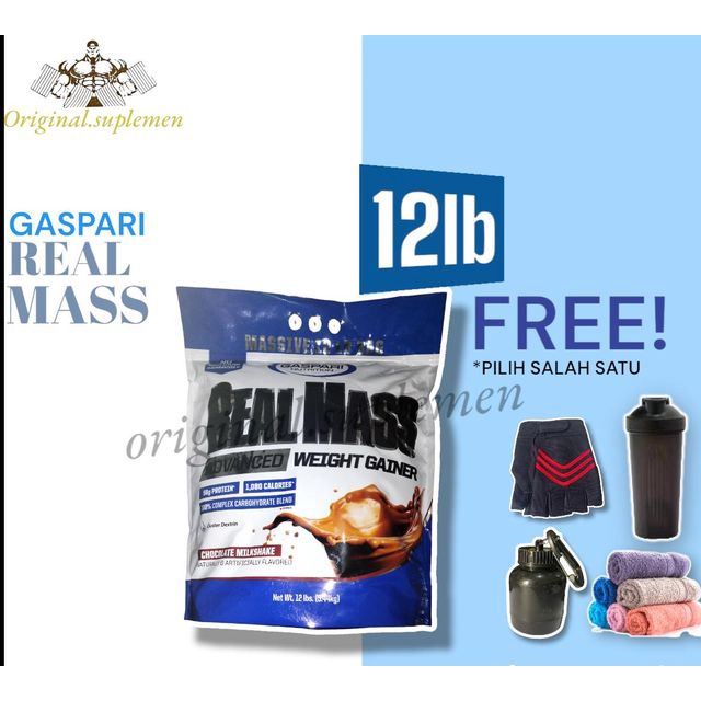 Gaspari Real Mass 12lb RealMass Gainer Bulking Menaikkan Berat Badan - Chocolate+Shaker