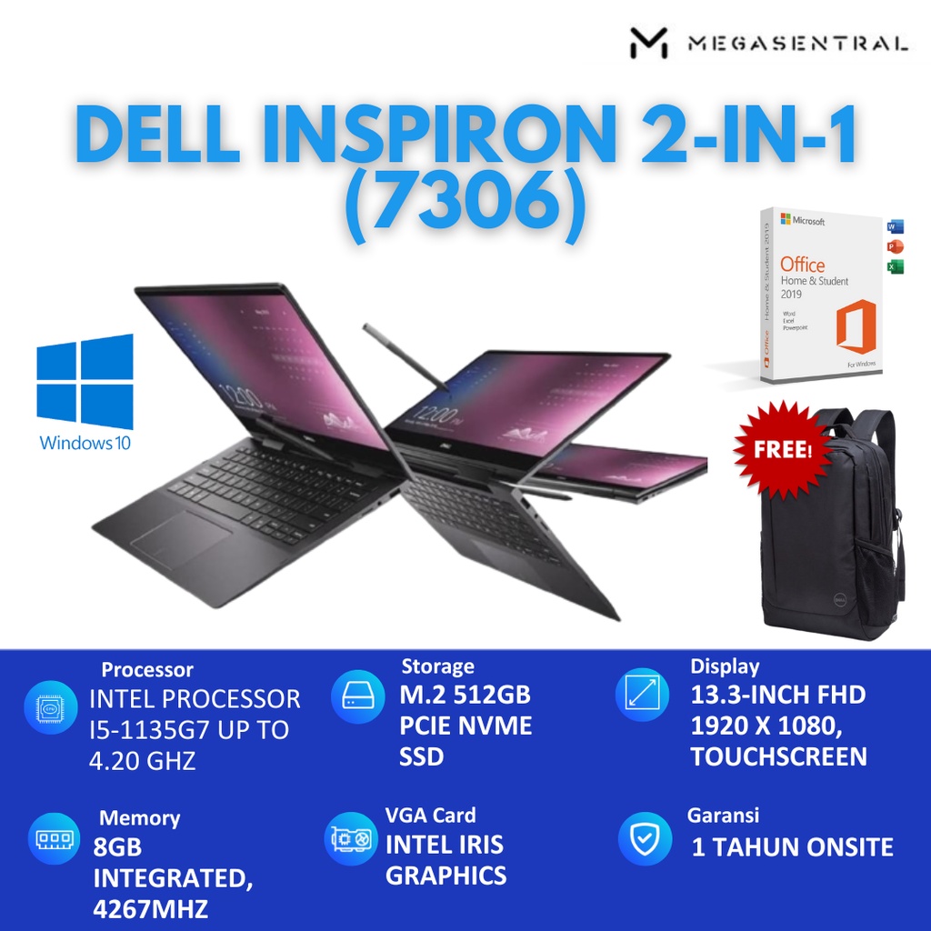 Laptop Dell N7306 Core i5 8GB 512GB Backlit Keyb 360" Flip Garanasi Resmi