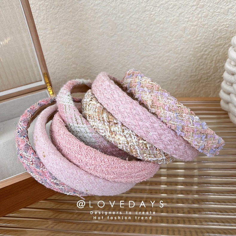 SUMMER SWEET PINK PLAID HEADBAND BANDO KOREA MERAH MUDA BENDO WANITA PEREMPUAN CEWEK WIDE LEBAR SOFT MOTIF GARIS ANYAMAN KNIT