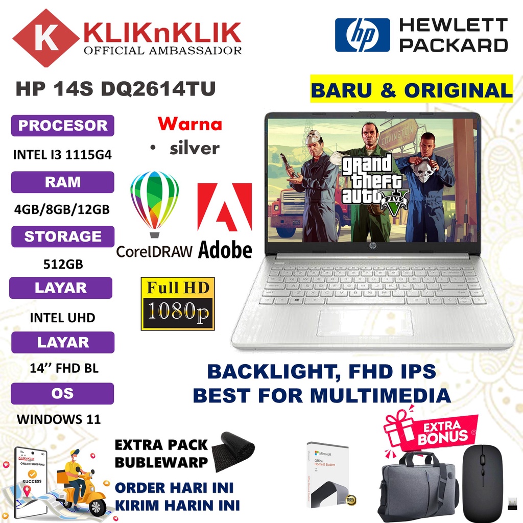 Laptop Desain HP 14S DQ2614TU Intel Core I3 1115G4 16GB 512GB 14 FHD IPS Windows 11 Home Office Original Silver Terlaris