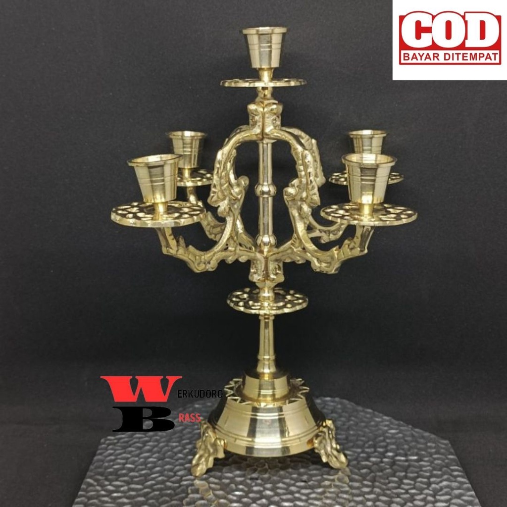 TERMURAH TEMPAT LILIN KUNINGAN CABANG 5 MOTIF KRAWANG WADAH LILIN HOLDER LILIN