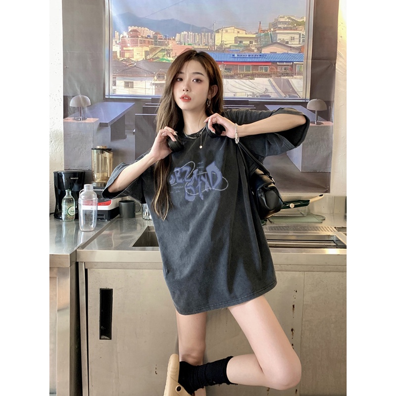 EUNII T-shirt Lengan Pendek Black Washed Retro Purple English Printing Korean Style/Kaos Atasan Wanita/Baju Wanita