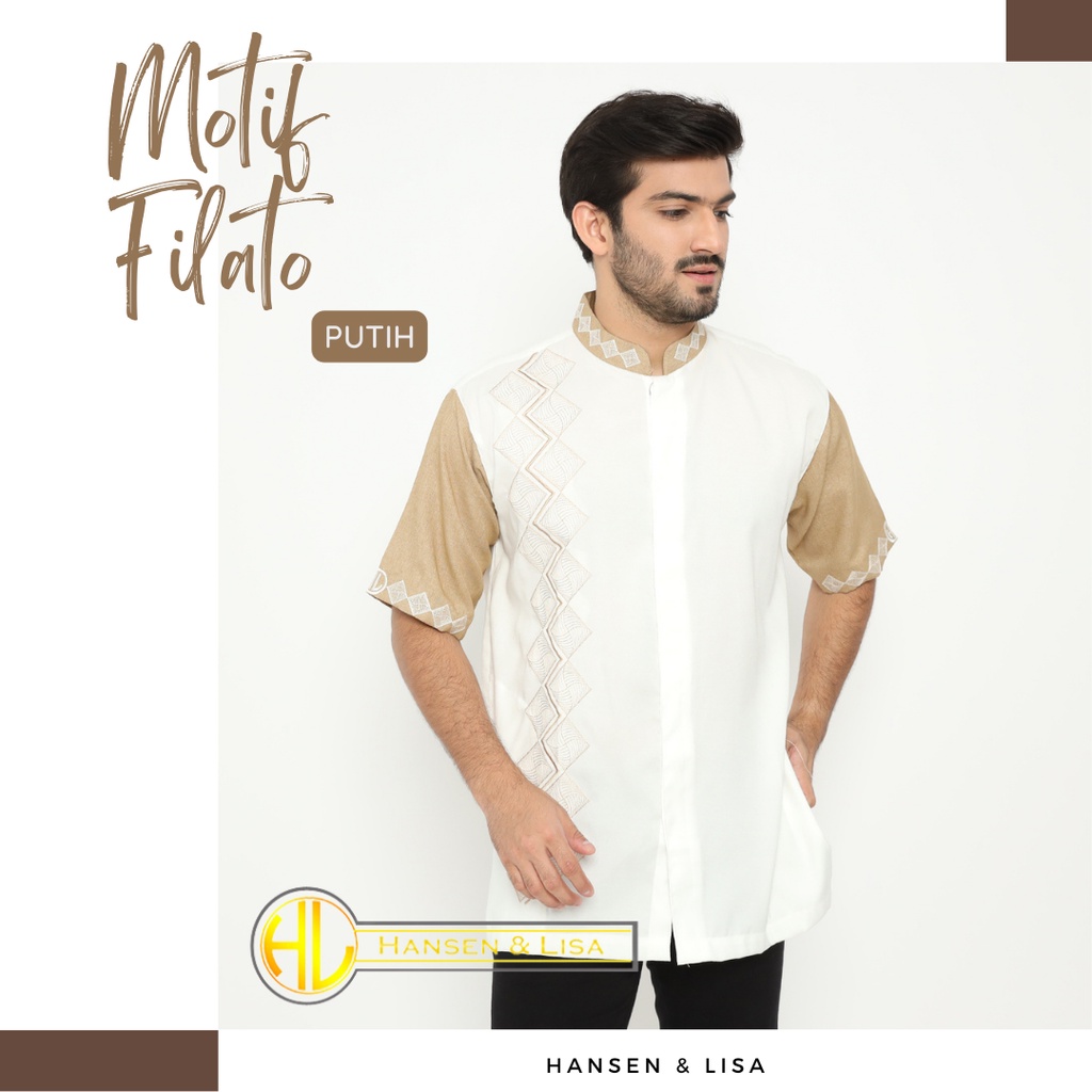 Baju Koko Dewasa Pria Lengan Pendek Kemeja Muslim Katun Motif Bordir Putih - Filato