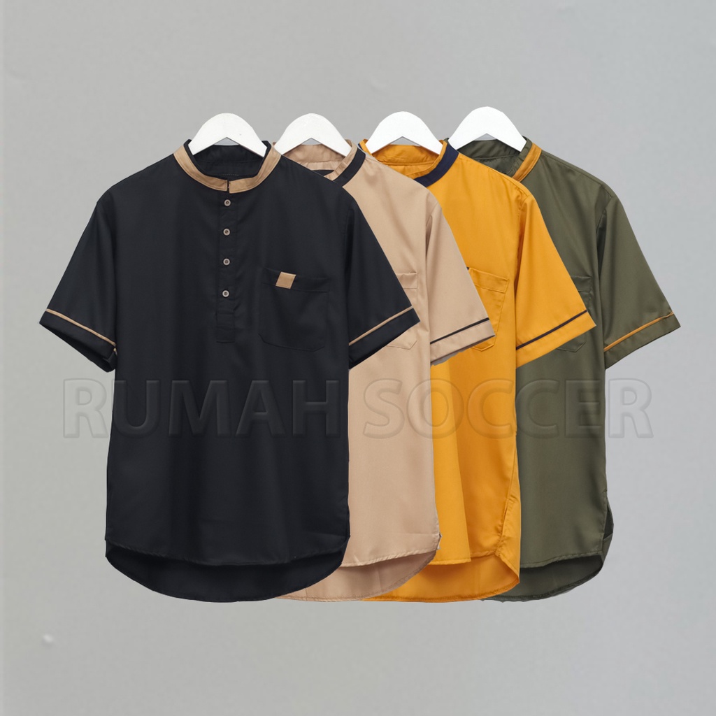 Baju Koko Pria Lengan Pendek FATHAN Warna Krem Polos Atasan Muslim Pria Dewasa Tersedia Ukuran S M L XL XXL