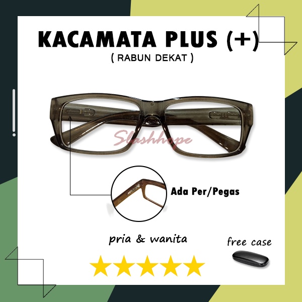 FREE CASE - Kacamata Baca Plus (+) Ukuran +1.00 s.d +3.00 Pria Wanita Frame Abu Tebal Kokoh Gagang P