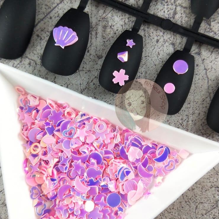 Part 2 - 500 pcs Mixed Hollow Star Heart Flower Glitter Sequins Nail Art Manik-manik Kuku Wajah Craft Kosmetik Hiasan Kuku Eye Korean Make Up Handphone Decorations Wedding Party Cosplay Beads Pastel Color Warna Warni