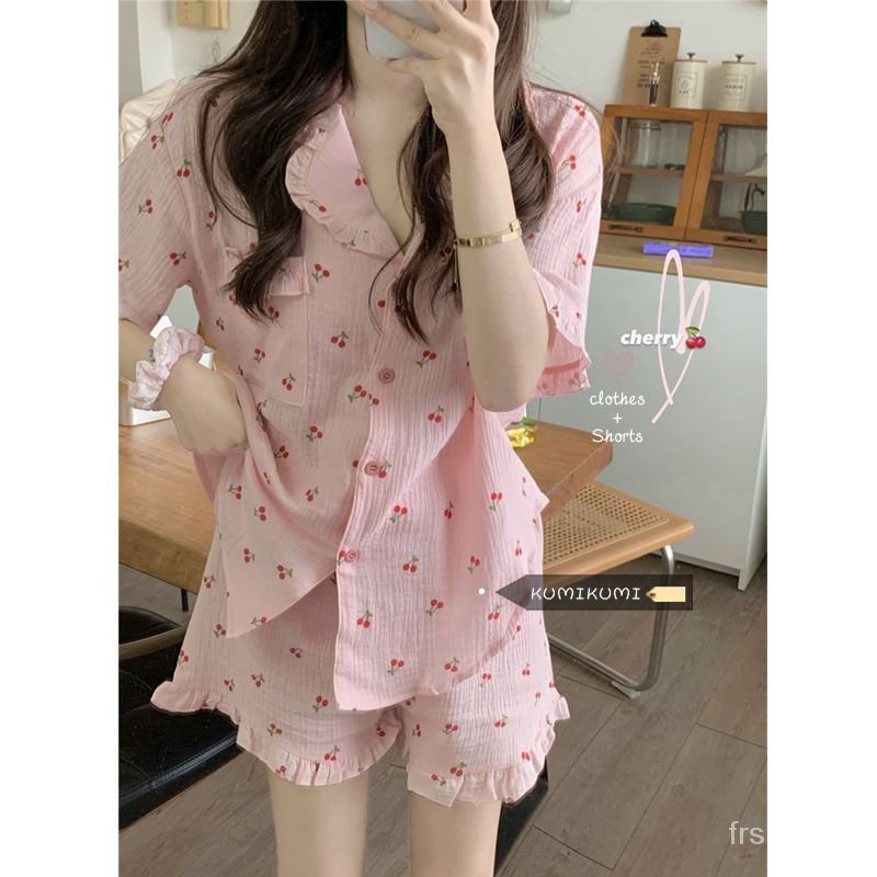 ins cherry print kerah kecil loungewear wanita musim panas baru nyaman set piyama piyama celana panj