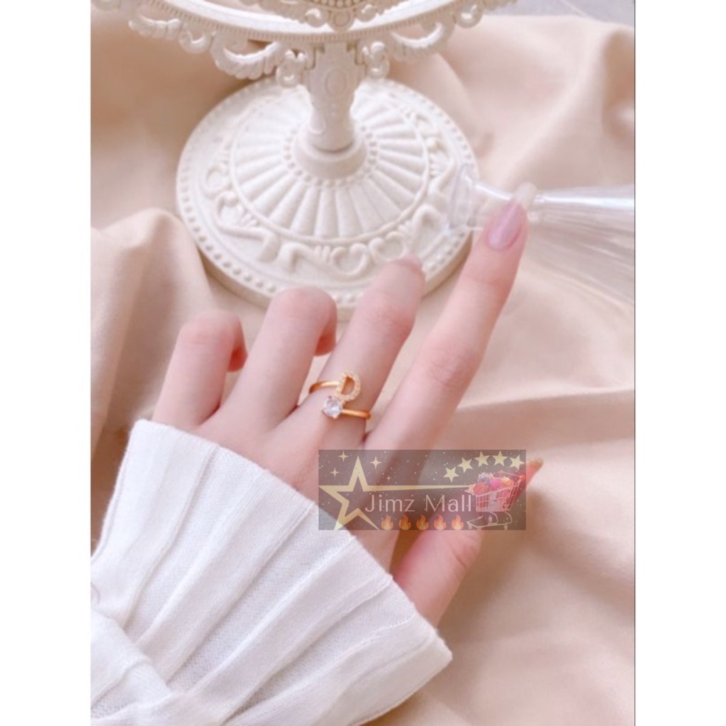 COD - Cincin Huruf Model Terbuka Bahan Titanium Steel Warna Gold Hias Kristal mutiara Adjustable Untuk Wanita