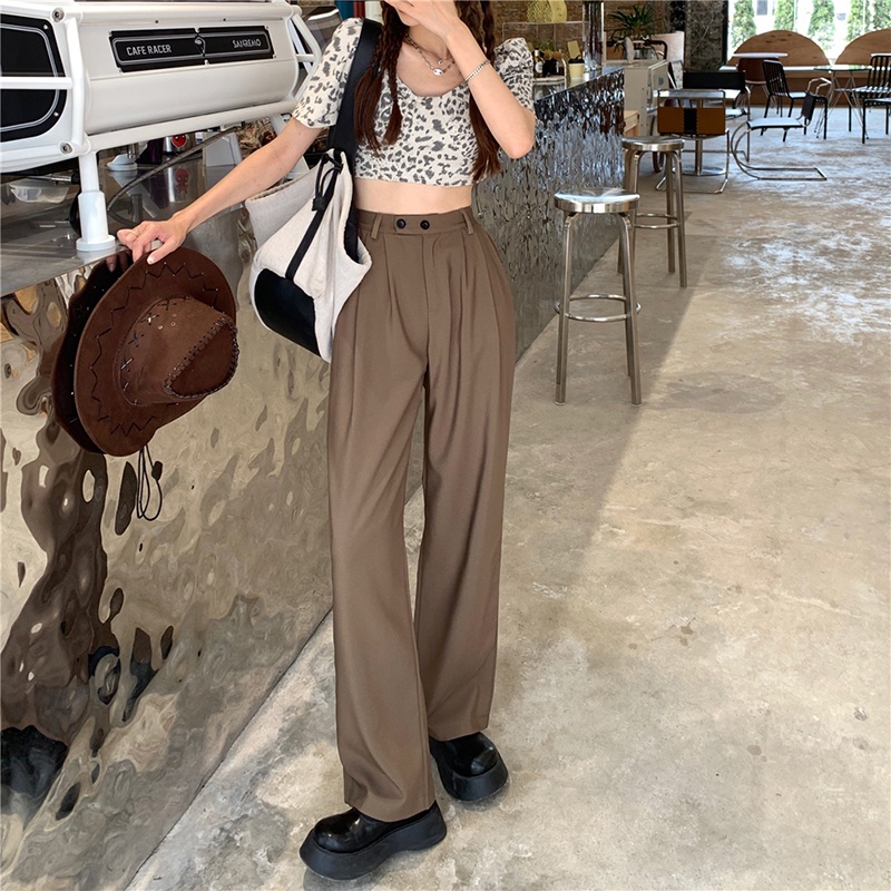 EUNII Celana Panjang Khaki Wanita Retro Basic Color Kasual Loose High Waist Straight Pants Korean Style