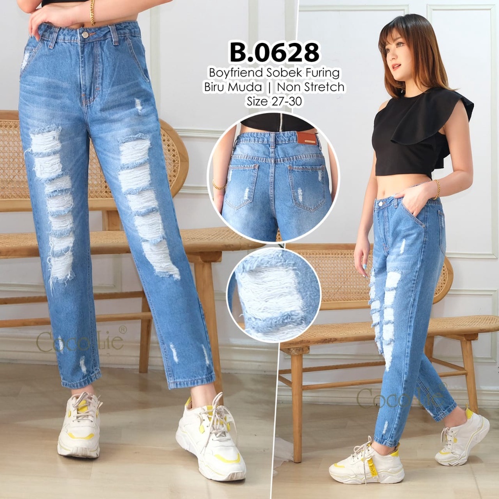Celana Boyfriend High Waist Jeans Wanita B.0628 - Biru Muda dan putih 27-30