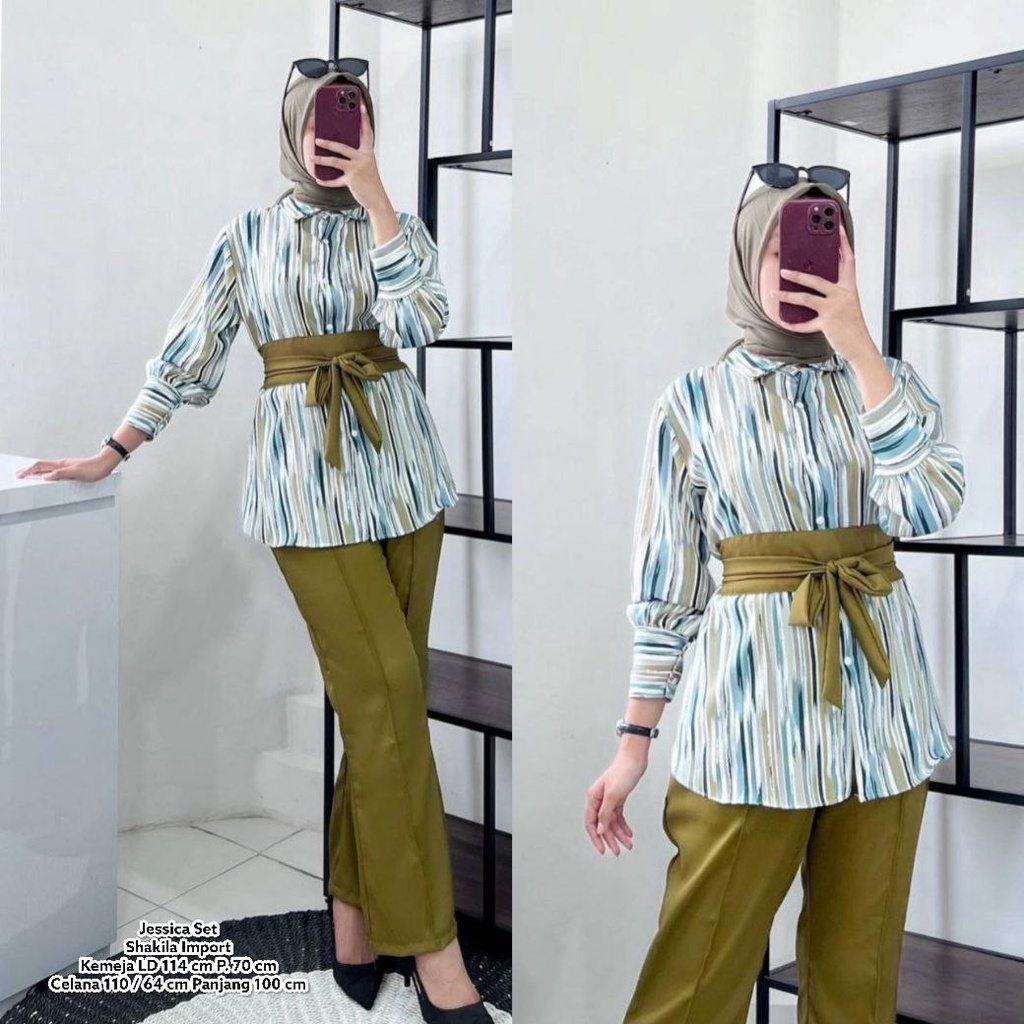 Jessica Set - One Set Wanita Kemeja Shakila Import Setelan Wanita Celana Kulot Lengan Panjang Set Baju Kekinian  LD 115 cm