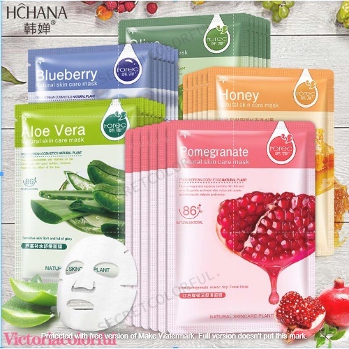 Rorec/hchana sheet mask masker wajah blueberry aloe vera pomegranate honey cucumber olive