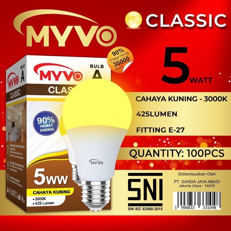 Bohlam LED Myvo 5 Watt Cahaya Kuning Warm White Myvo Classic LED BULB