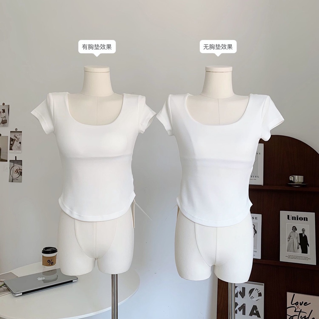 Red [A to D Scheming T-shirt] Lengan Pendek T-shirt Wanita Sense Big U Top Slim Fit Pure Desir Kerah Persegi pendek Kecil Kemeja Musim Panas