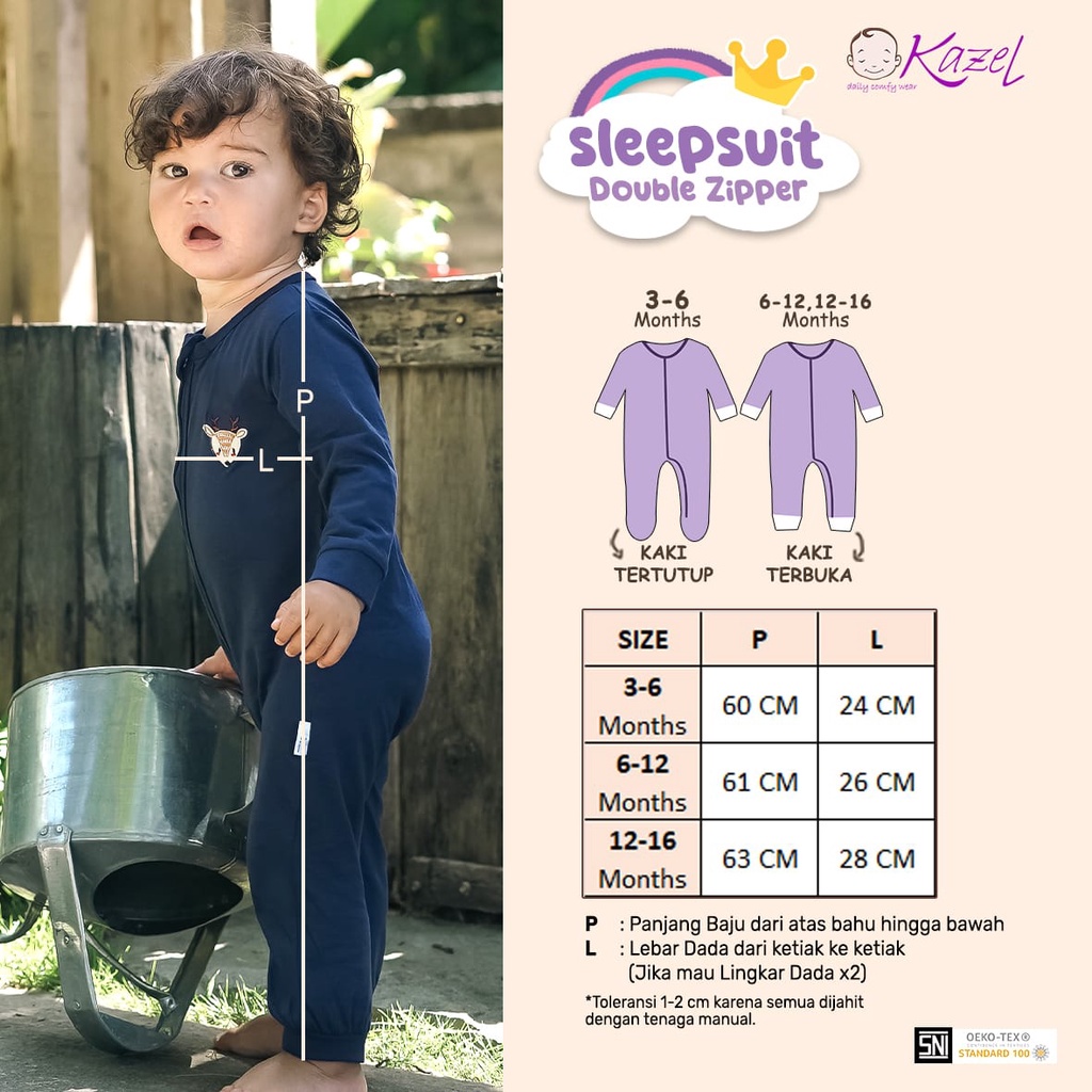 Kazel Sleepsuit Double Zipper Motif Bordir Jumper Bayi Perempuan &amp; Laki-Laki