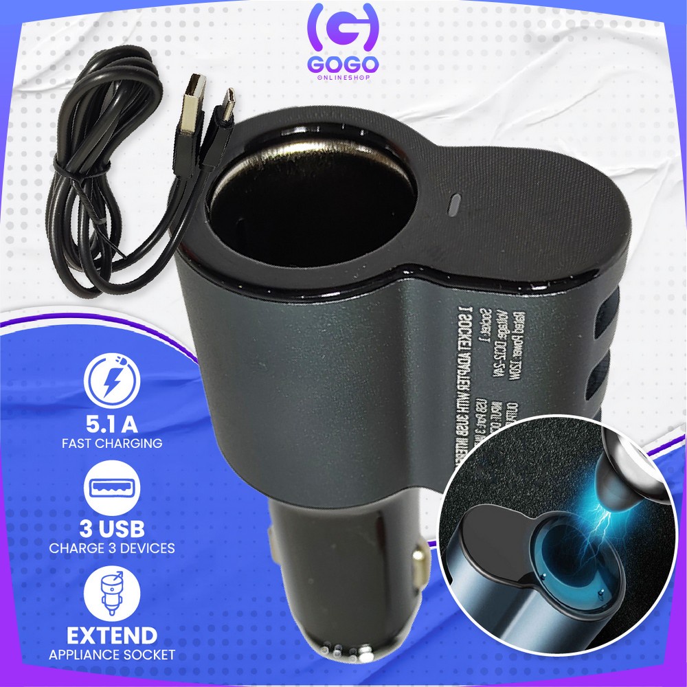 GOGO-C821 Car Charger 3 USB Ports Universal Fast Charging Socket Adaptor / Colokan Phone Charger Mobil Triple USB