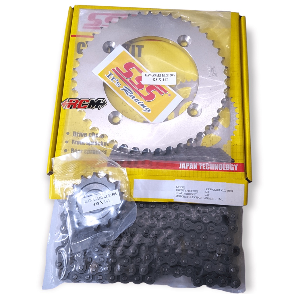 GEAR GER GIR SET CHAIN KIT KAWASAKI KLX 150 S DEPAN UK 14 T BELAKANG 44 T RANTAI 428 HSB 124L 124 L ORI ORIGINAL SSS ASLI