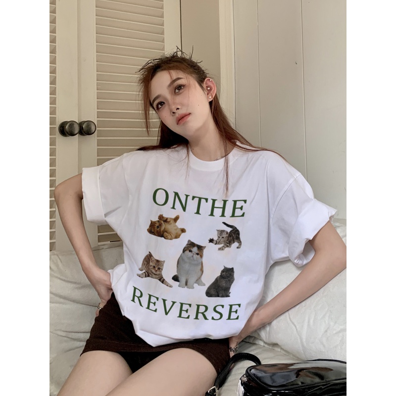 EUNII T-shirt Lengan Pendek Cartoon Cat Family Korean Style/Kaos Atasan Wanita/Baju Kaus Oversize Wanita/Kaos Wanita