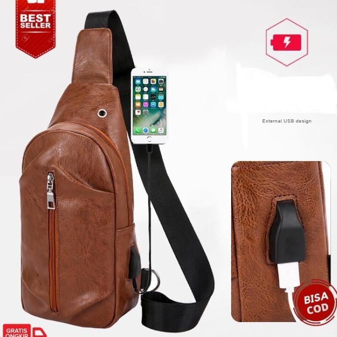 Tas Selempang Slempang sandang Samping Kulit Pria Cowok USB