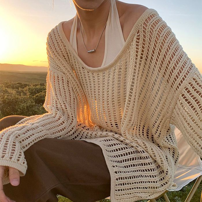 Red Gaya malas Jepang ceruk retro kasual high-end soft waxy hollow lengan panjang rajutan sweater + halter neck vest top