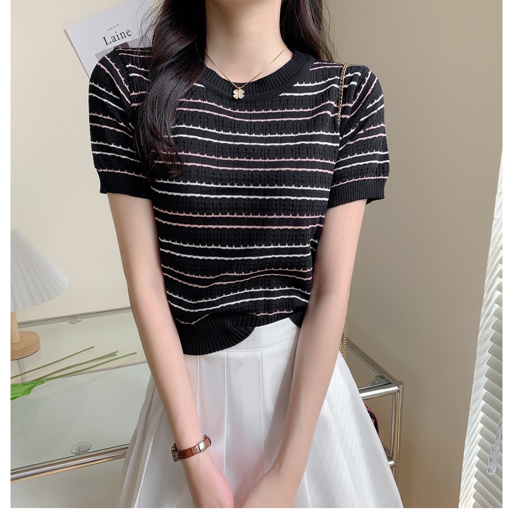 EUNII Korean Style Kaos Rajut Putih T-shirt Lengan Pendek Wanita Knit Baju Atasan