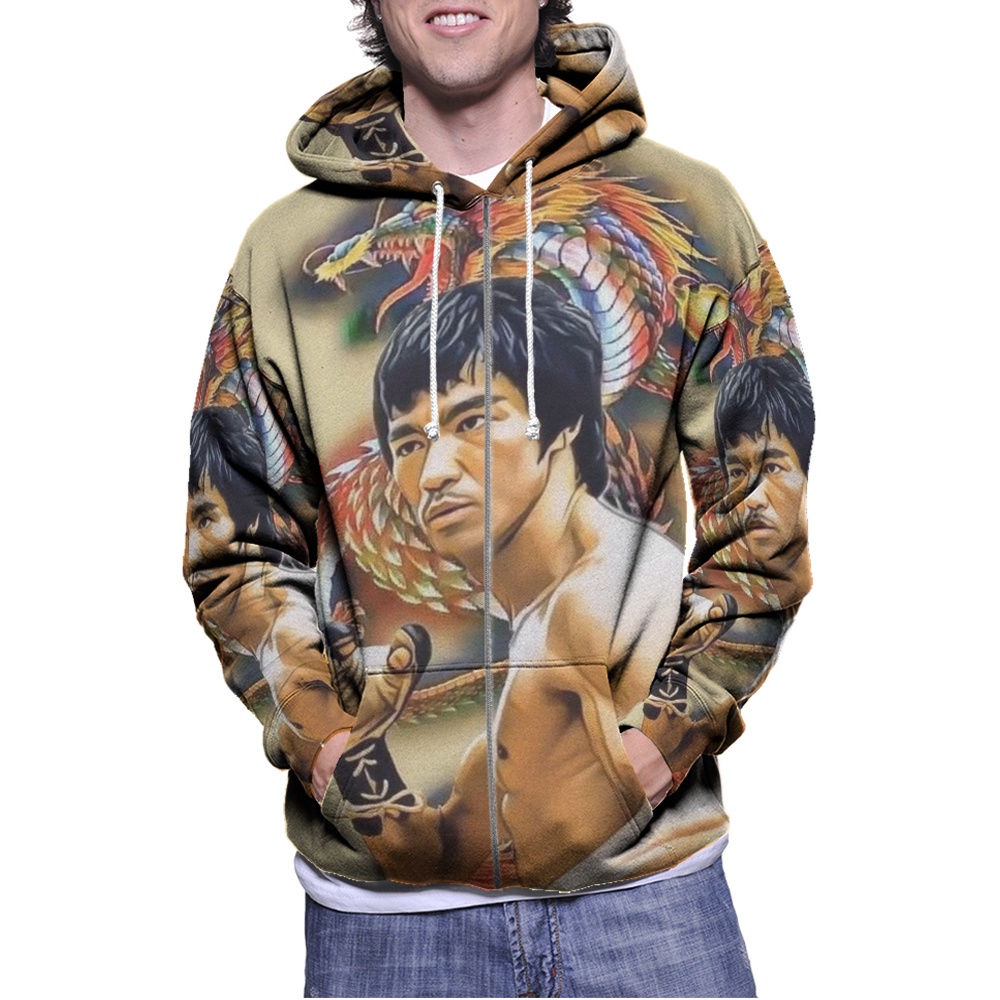 Jaket Hoodie Bruce Lee Hoodie Ritsleting Fullprint Bahan Jersey Casual Unisex Hoodie Zipper