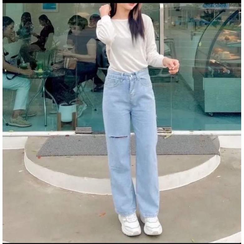 Celana kulot jeans sobek lutut sebelah Celana kulot jeans highwaist Korean style kekinian Celana kul