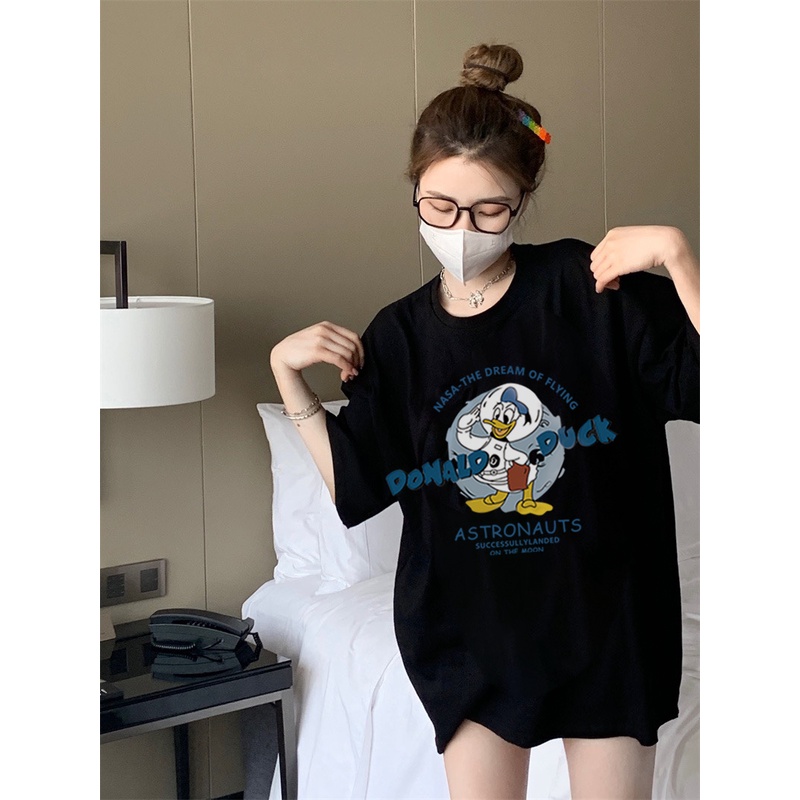 XIAOZHAINV Kaos Atasan Wanita Donald Duck Pattern Lengan Pendek A0318