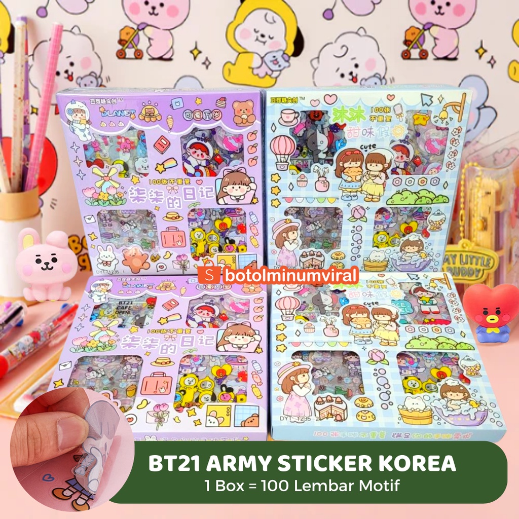 Sticker Momo X BT21 Korea Box Isi 100 pcs Viral Anti Air Aesthetic BTS