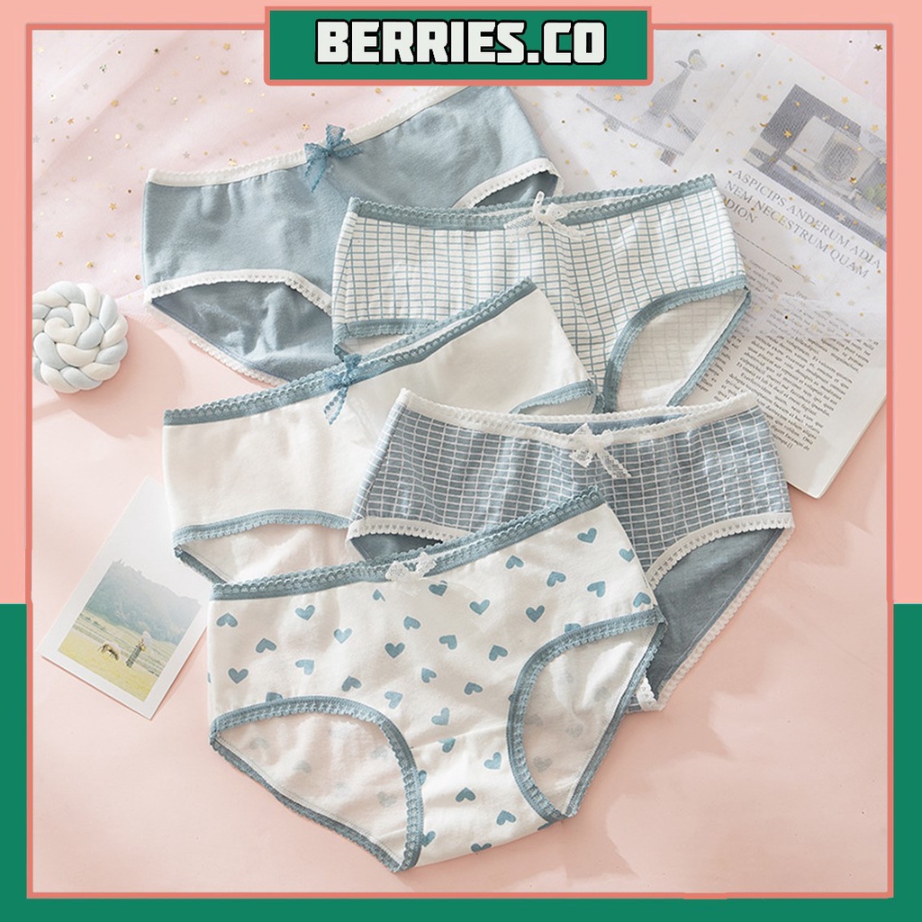 BRI*CD1089 Cd Imut Fashion Jepang Celana Dalam Wanita Katun Mid Waist Motif Biru Putih