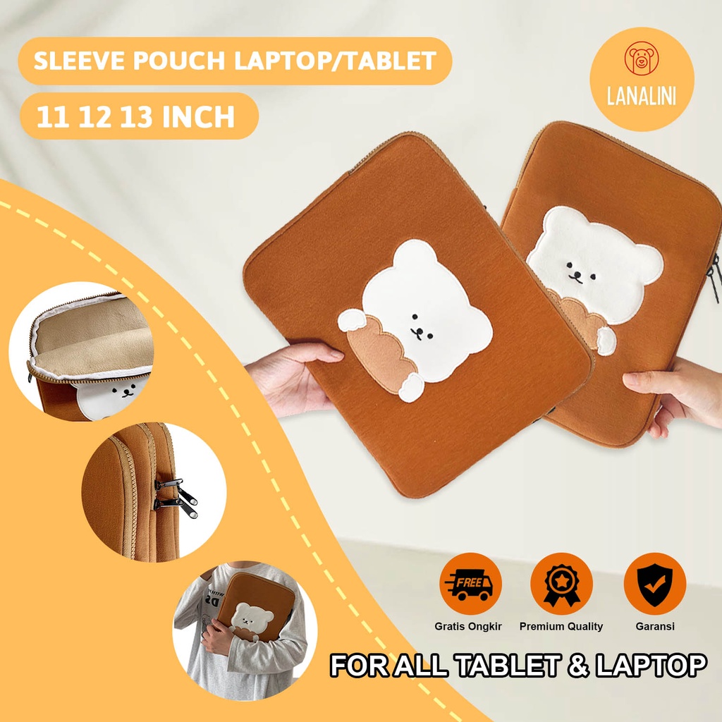 Sleeve Pouch Sarung Tas Bag Case Ipad Tab Tablet Macbook Air Pro Laptop Asus Acer Lenovo HP Huawei 11 12 13 14 15 inch Motif Gambar Beruang Bear Warna Coklat Brown Lucu Cute Murah Korean Model