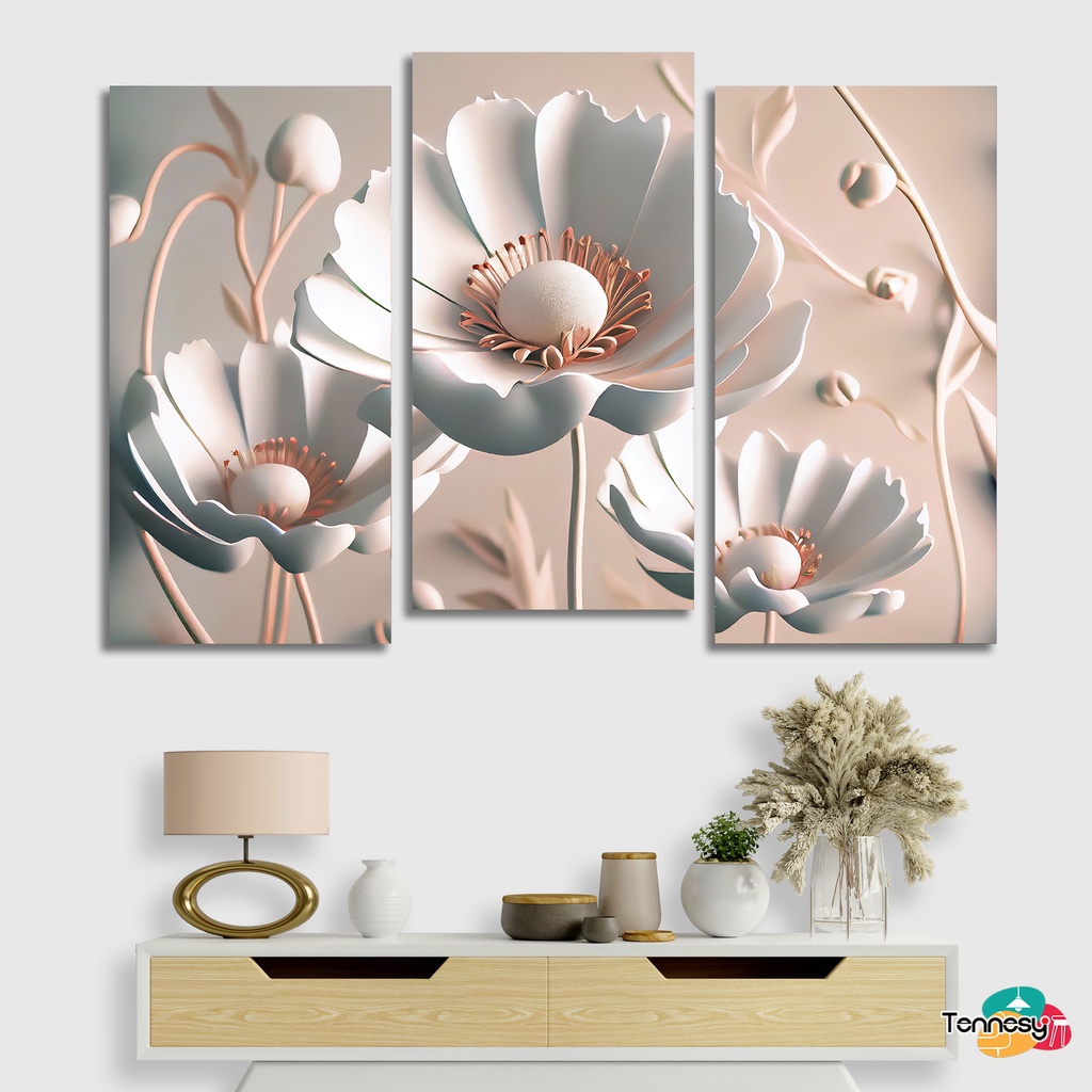 TENNESY Hiasan Dinding Bunga Putih 3D Flower 15x30cm Dekorasi Dinding Kamar Tidur Pajangan Kayu Poster Dekorasi Rumah