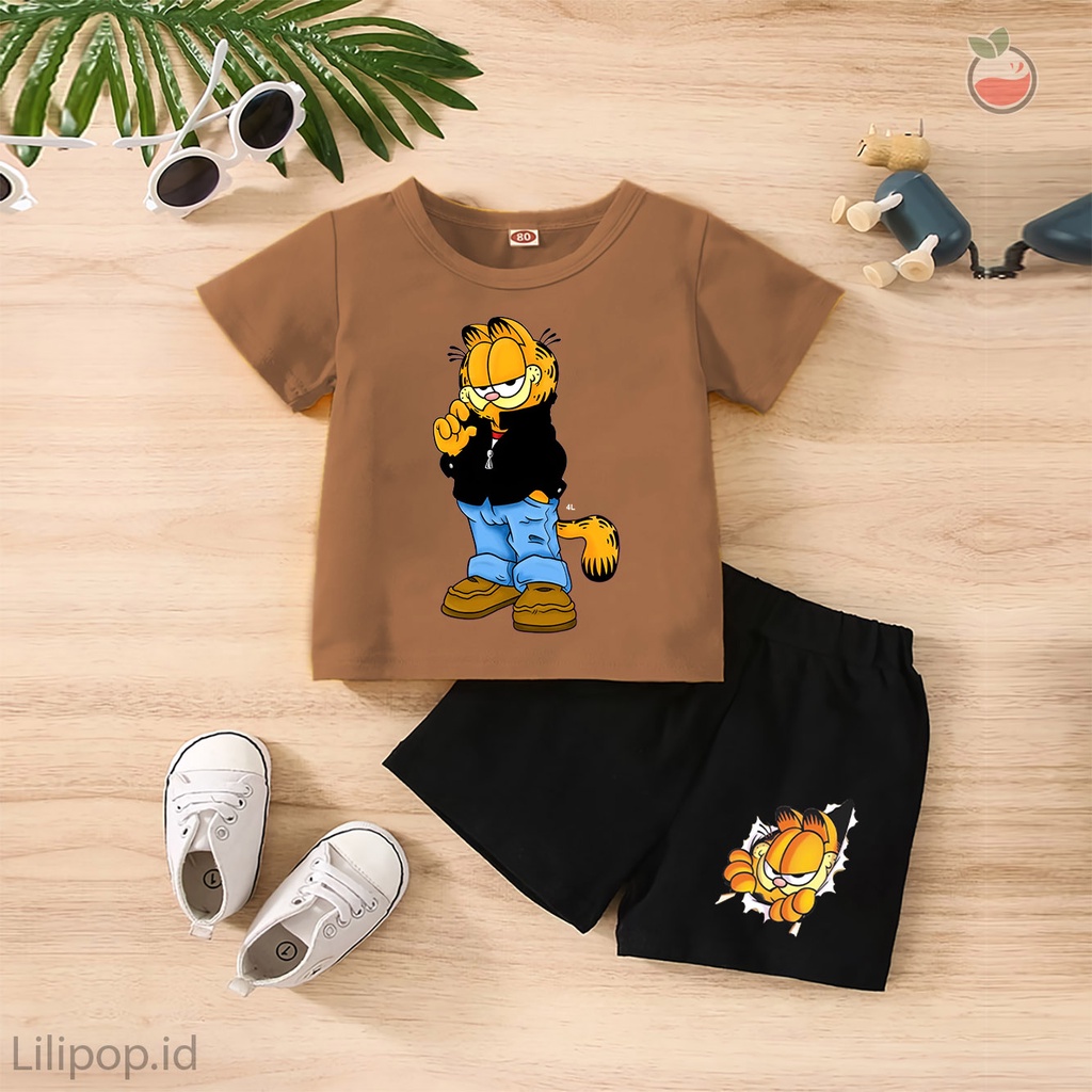 Baju Anak Stelan Kaos 3/4 GARFIELD Cowok Cewek  Usia 1 - 4 Tahun Celana Pendek Harian