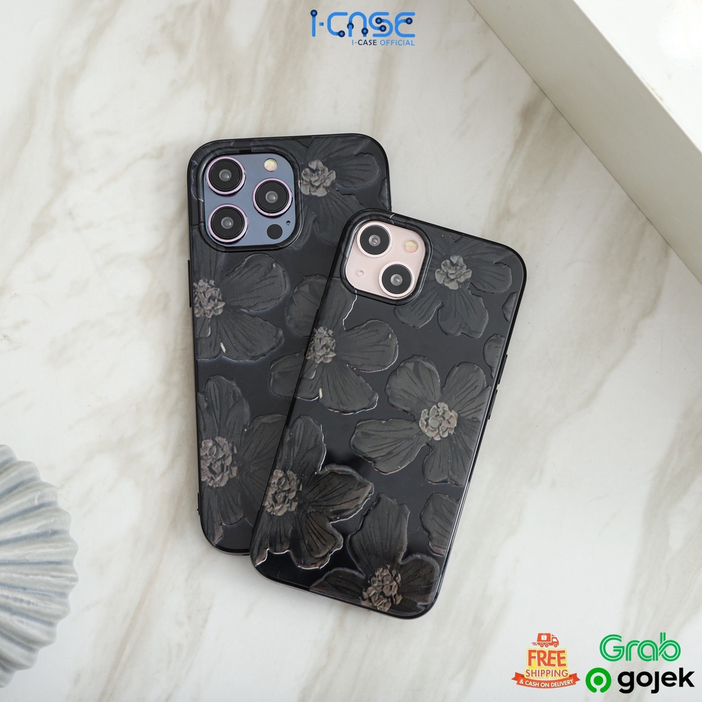 Black Painted Flowers Full Cover Case For iPhone XR X XS Max / 11 Pro Max / 12 Pro Max / 13 Pro Max / 14 Plus Pro Max