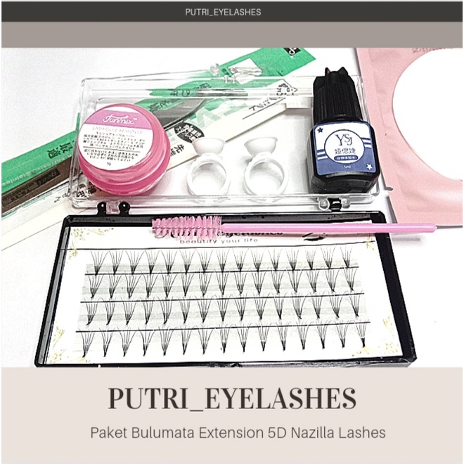 Paket Bulu Mata Extension 5D Premium - Lem Ysj - Sisir Bulumata - 2 Ring Glue - Remover - Eye Gel Patches - Pinset TS-15 Stainless Steel