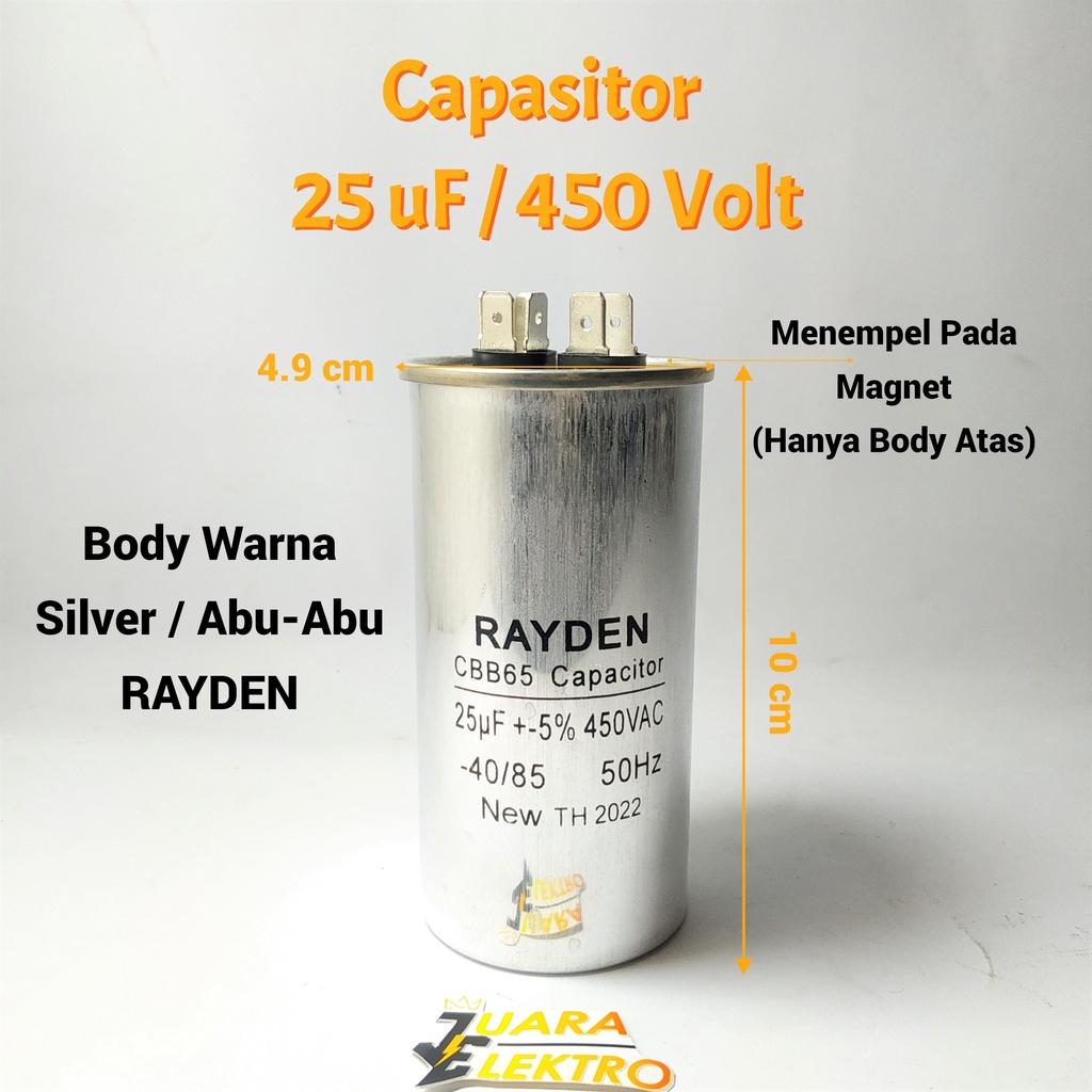 RAYDEN Capasitor AC 25uF / 450V Silver | Kapasitor Bulat 25 uF / 450 Volt