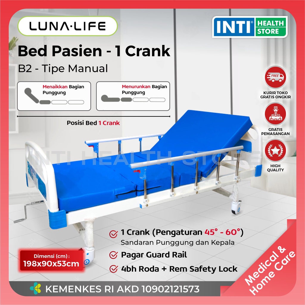 Luna Life Bed Pasien Ranjang Medis 1 Crank | Tempat Tidur Pasien +- MATRAS