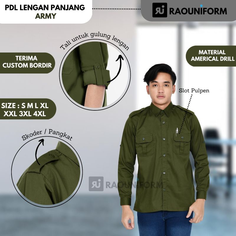 Baju PDL Lengan Panjang/Baju PDL Pria Lengan Panjang/PDL Custom Bordir/Kemeja Pria Lengan Panjang/Seragam Kerja Pria Lengan Panjang