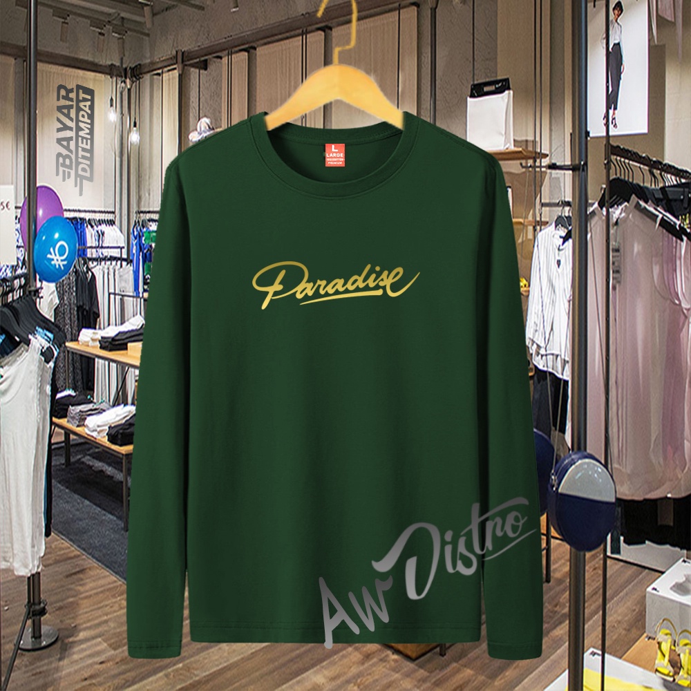 COD Baju Kaos Distro PARADISE Teks Gold Premium Quality Lengan Panjang Kaos Tulisan Kaos Kata-Kata Kaos Sablon Big Size