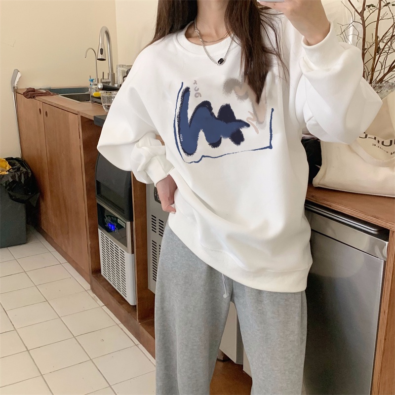 XIAOZHAINV Korean Style Style Crayon Doodle Pattern Lengan Panjang Baju Sweater Wanita