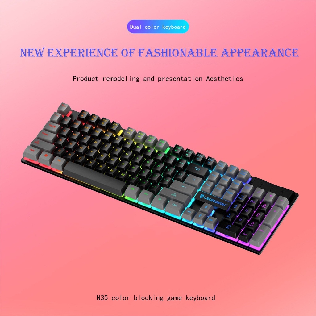 LEORQEON Gaming Keyboard RGB Backlight Mechanical Feel Waterproof - N35