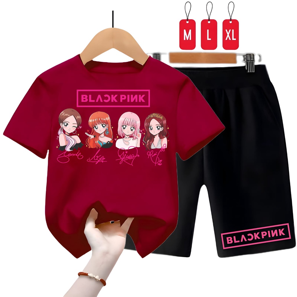 Hzl_outfit Baju Setelan Kaos Anak Perempuan B PINK