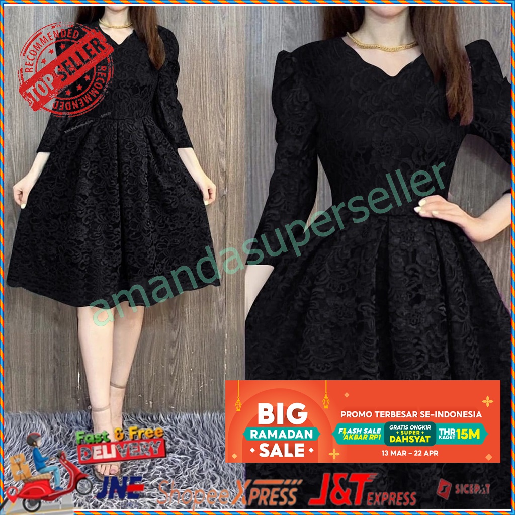 Dress Wanita Sabrina  Korea Elegan Terbaru Brokat Panjang Wisuda Remaja Hitam Polos Kondangan Modern