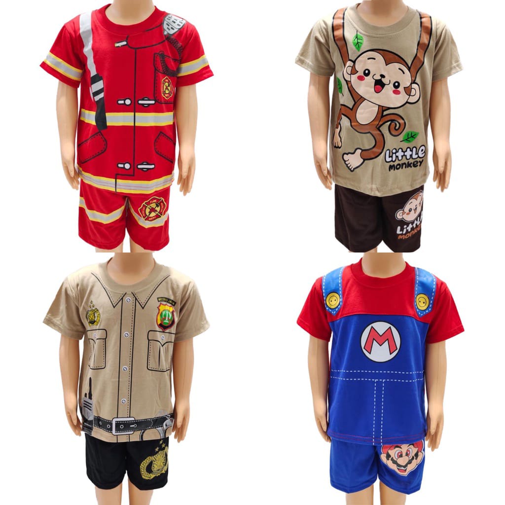 SETELAN BAJU ANAK SANTAI LENGAN PENDEK UPIN IPIN DAMKAR POLISI PANDA IKAN HIU MARIO BROZ