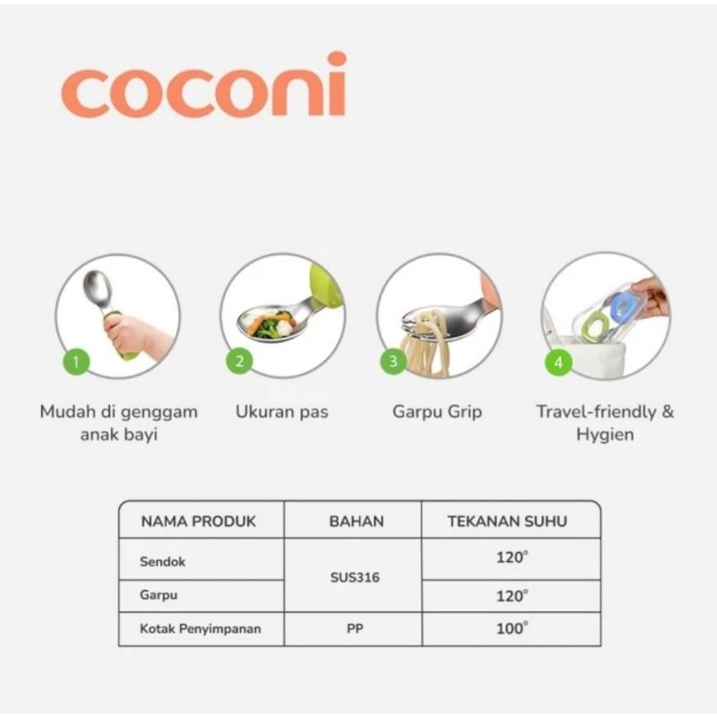 COCONI Eazy Grip Fork &amp; Spoon Set / Sendok Garpu Makan Anak MPASI