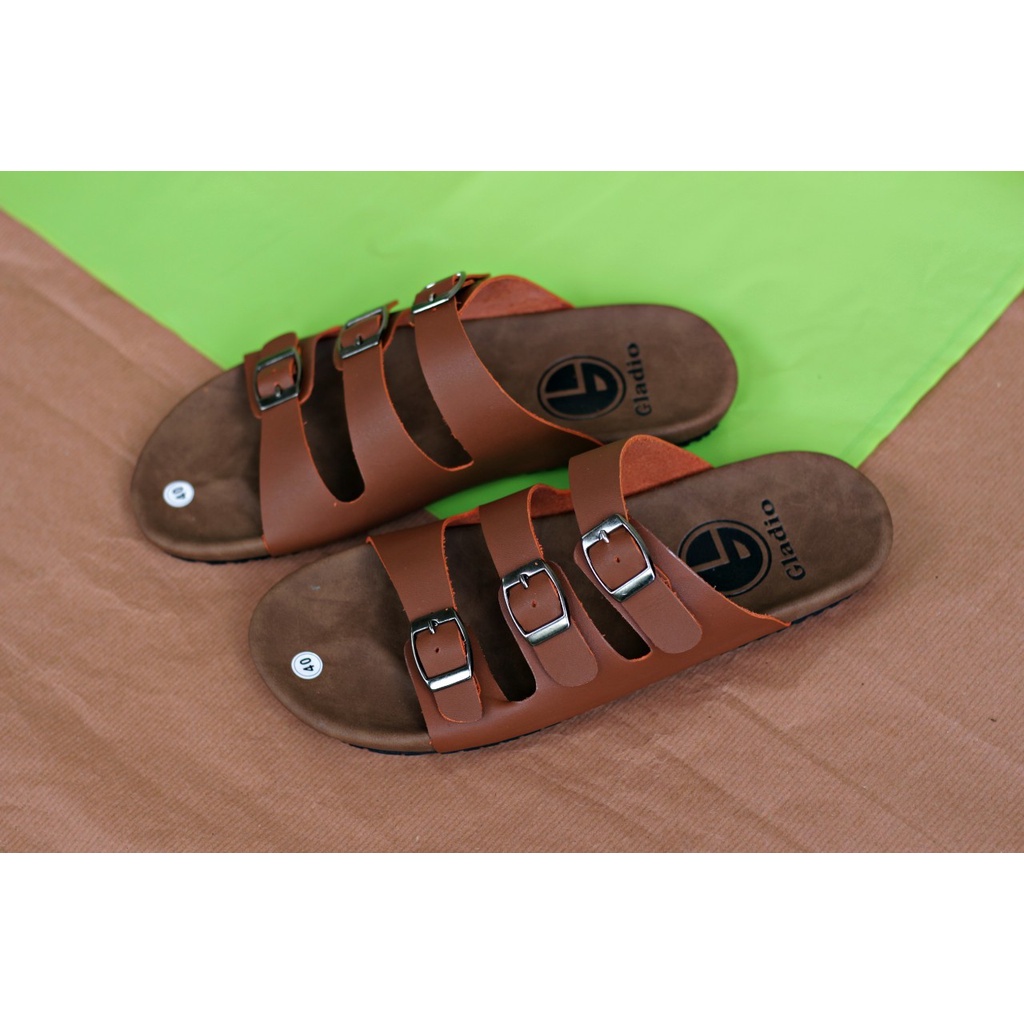 Fatimahshoes Sandal Slide kulit Kasual Santai Fashion Pria Coklat